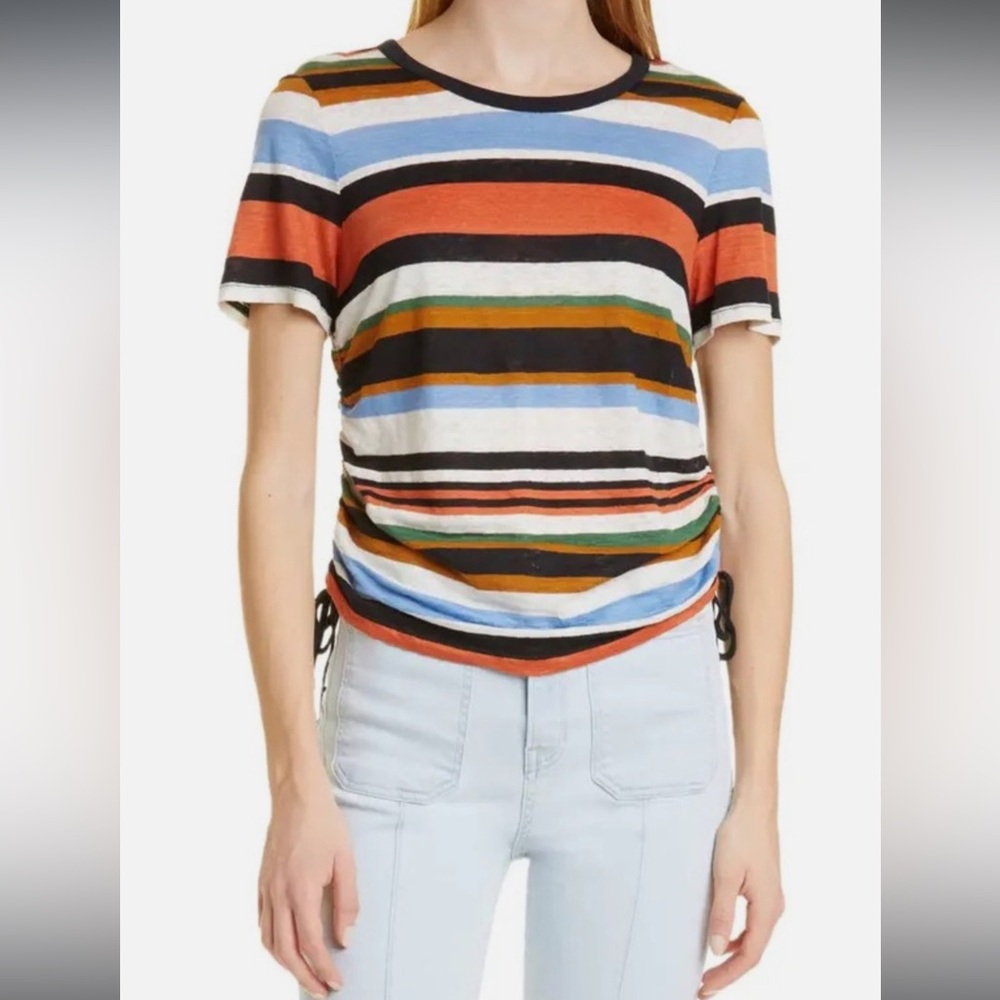 Veronica Beard Striped Linen‎ Tee Ruched Side Drawstring Coastal Preppy- Small